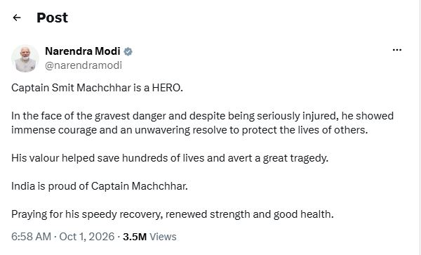 Social media message from PM Narendra Modi honoring Captain smit Machchhar's brave defense