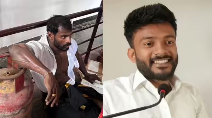 Advocate A.P. Nelson speaking at a microphone beside an image of Raja Baron, highlighting the key figures in the Tamil Nadu attack investigation