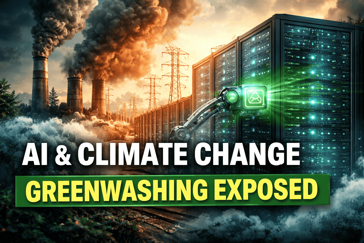 AI climate greenwashing concept showing data centers pollution and environmental impact