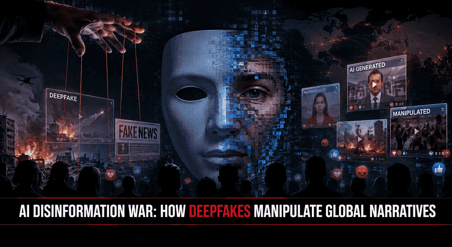 AI-generated deepfake propaganda and manipulated media spreading across global social networks during conflicts and elections in 2026