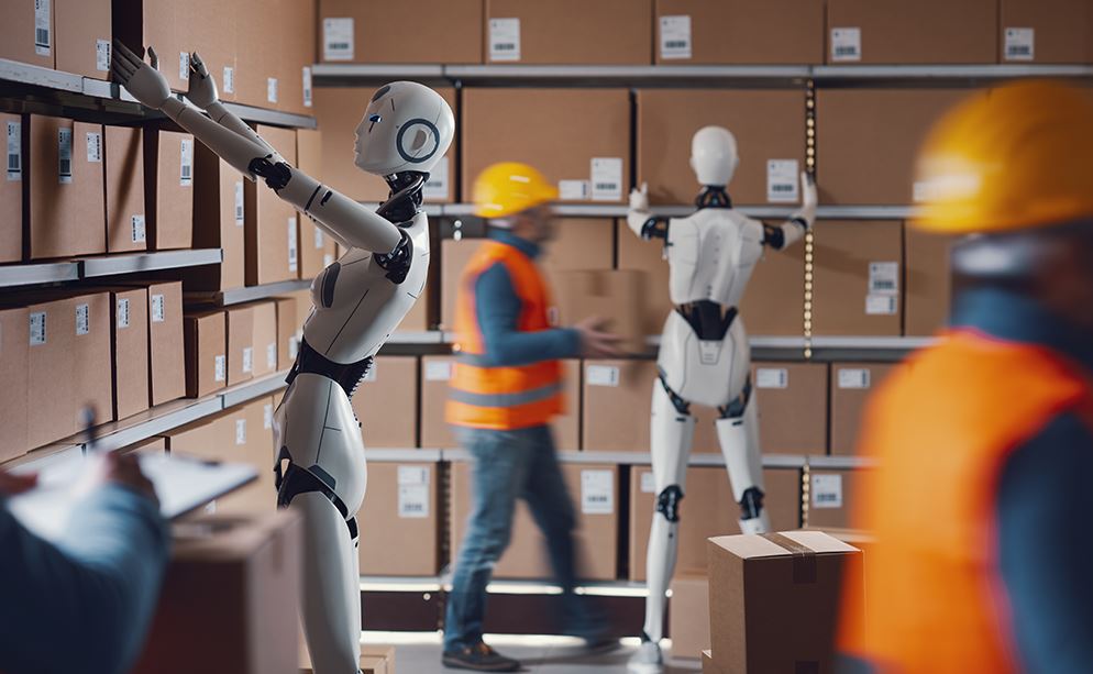 Humanoid robots organize warehouse shelves while human workers move boxes, illustrating AI automation and human collaboration in modern logistics.