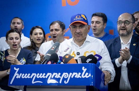 Armenian Prime Minister Nikol Pashinyan addresses supporters after Civil Contract's victory in the Armenia Election 2026