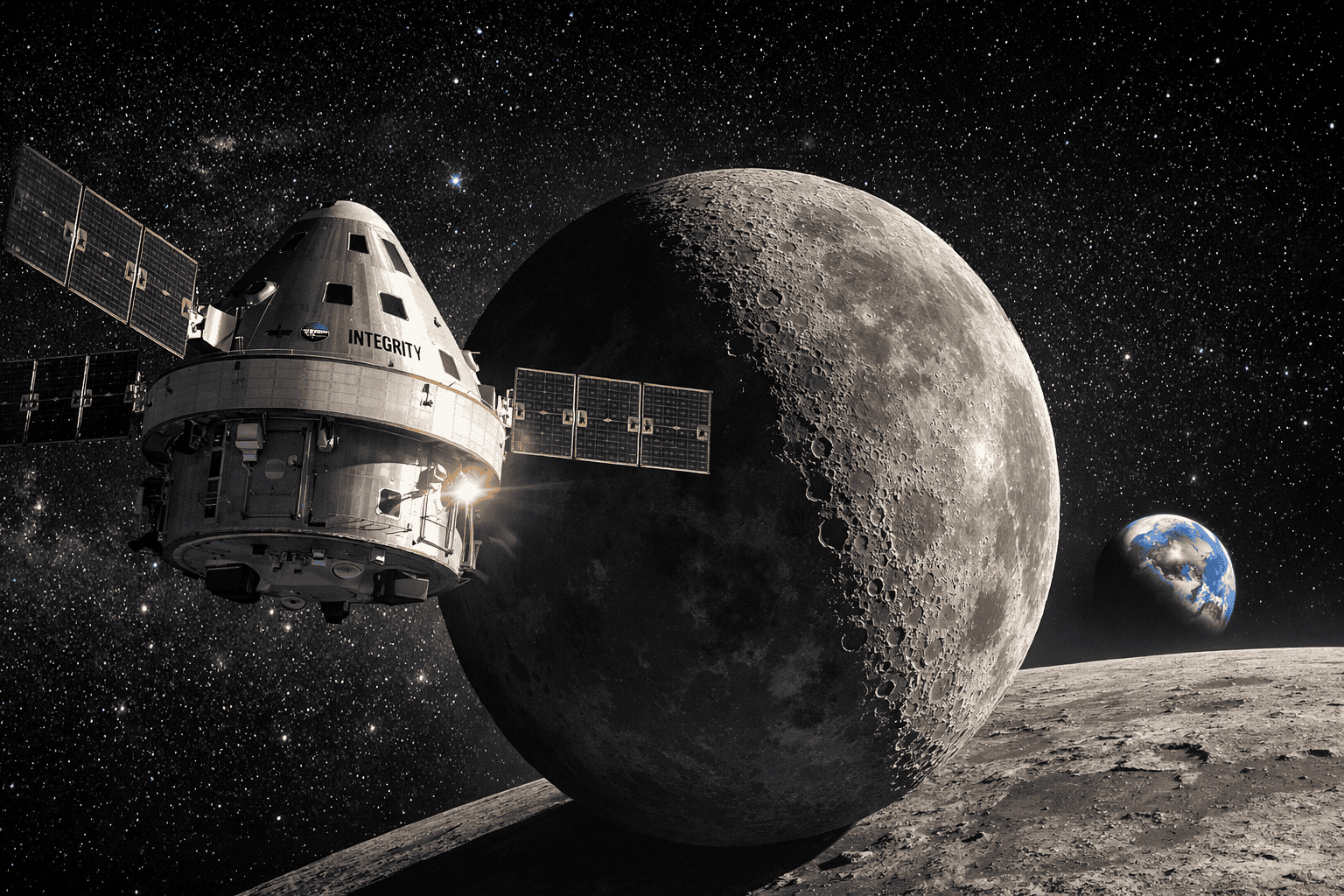 Artemis II Orion spacecraft flying past the Moon with Earth visible in deep space