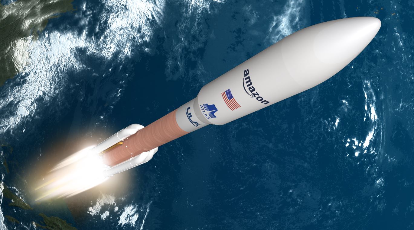 ULA Atlas V rocket carrying an Amazon mission launches into space above Earth with bright engine flames.