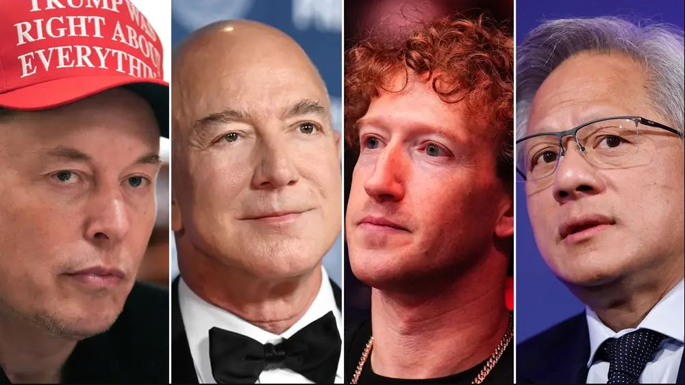 Elon Musk, Jeff Bezos, Mark Zuckerberg, and Jensen Huang amid growing controversy over Big Tech influence on Donald Trump’s AI regulation policies in the United States.