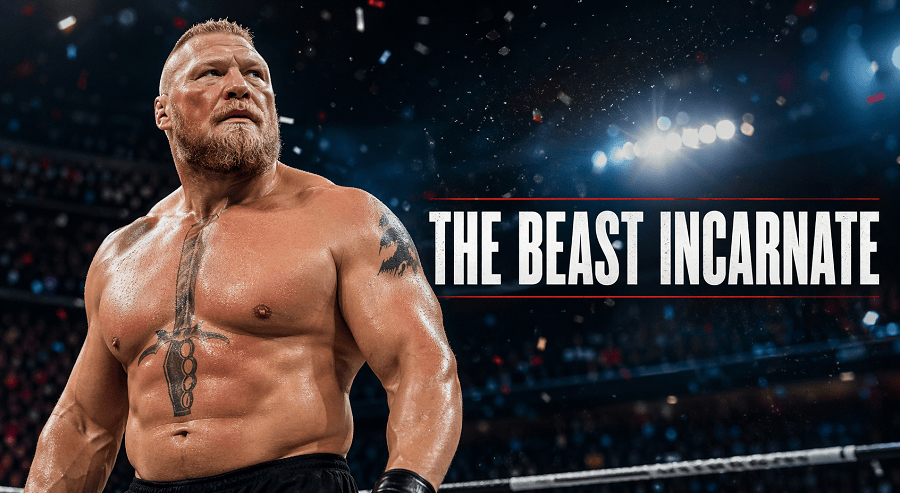 Brock Lesnar “The Beast Incarnate” standing dominant in a WWE ring under bright stadium lights