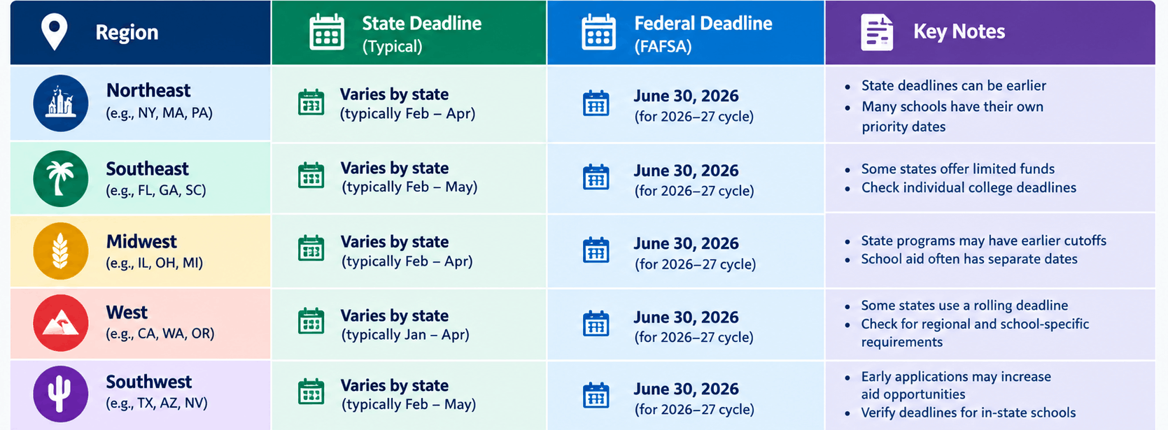 FAFSA issues and 2026–27 financial aid deadlines compared across U.S. regions, including state and federal FAFSA deadlines.