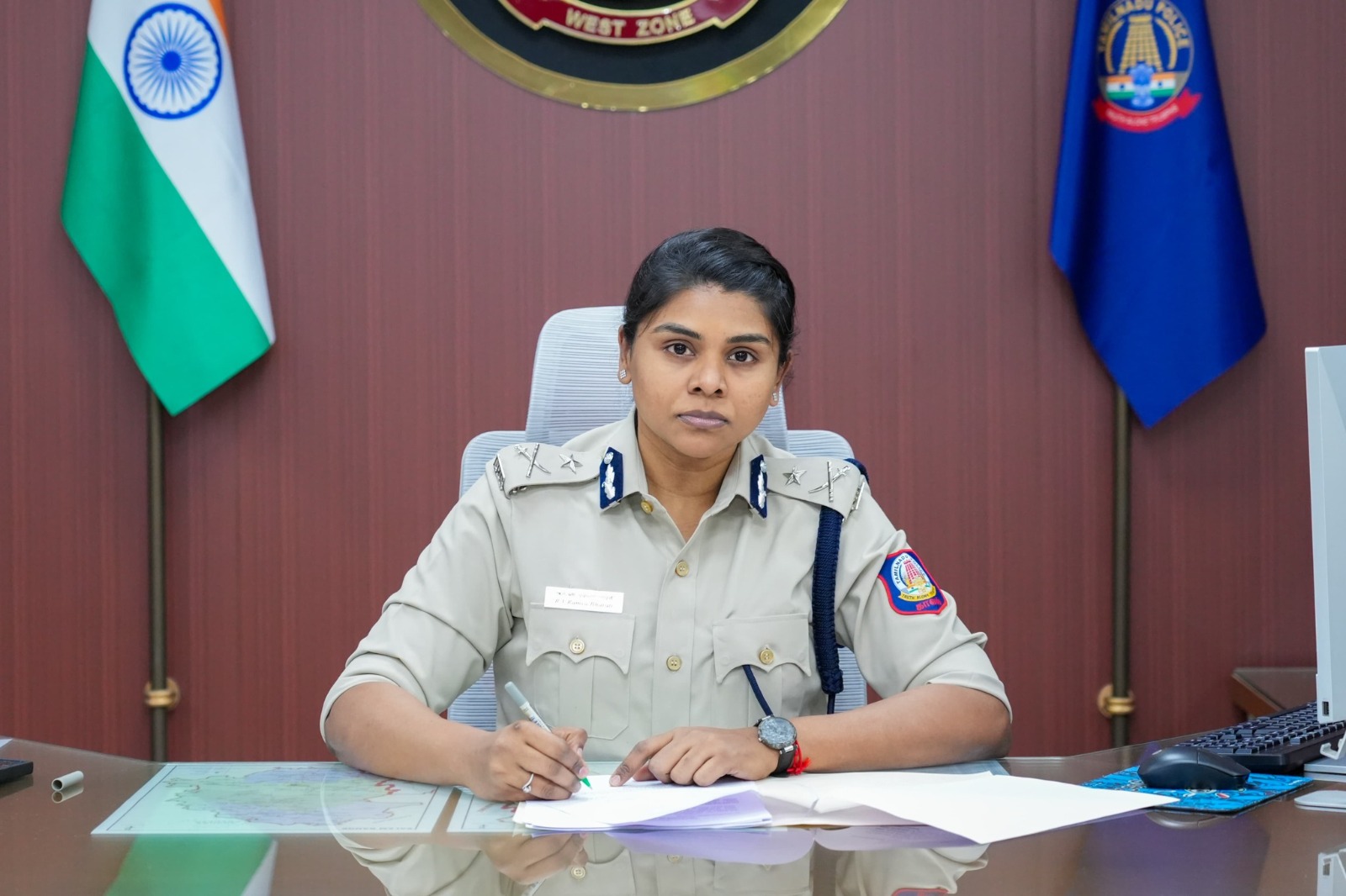 IG Ramya Bharathi, Tamil Nadu Police West Zone officer, at her official desk.