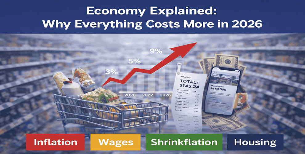 why everything costs more in 2026 inflation wages shrinkflation housing explained infographic