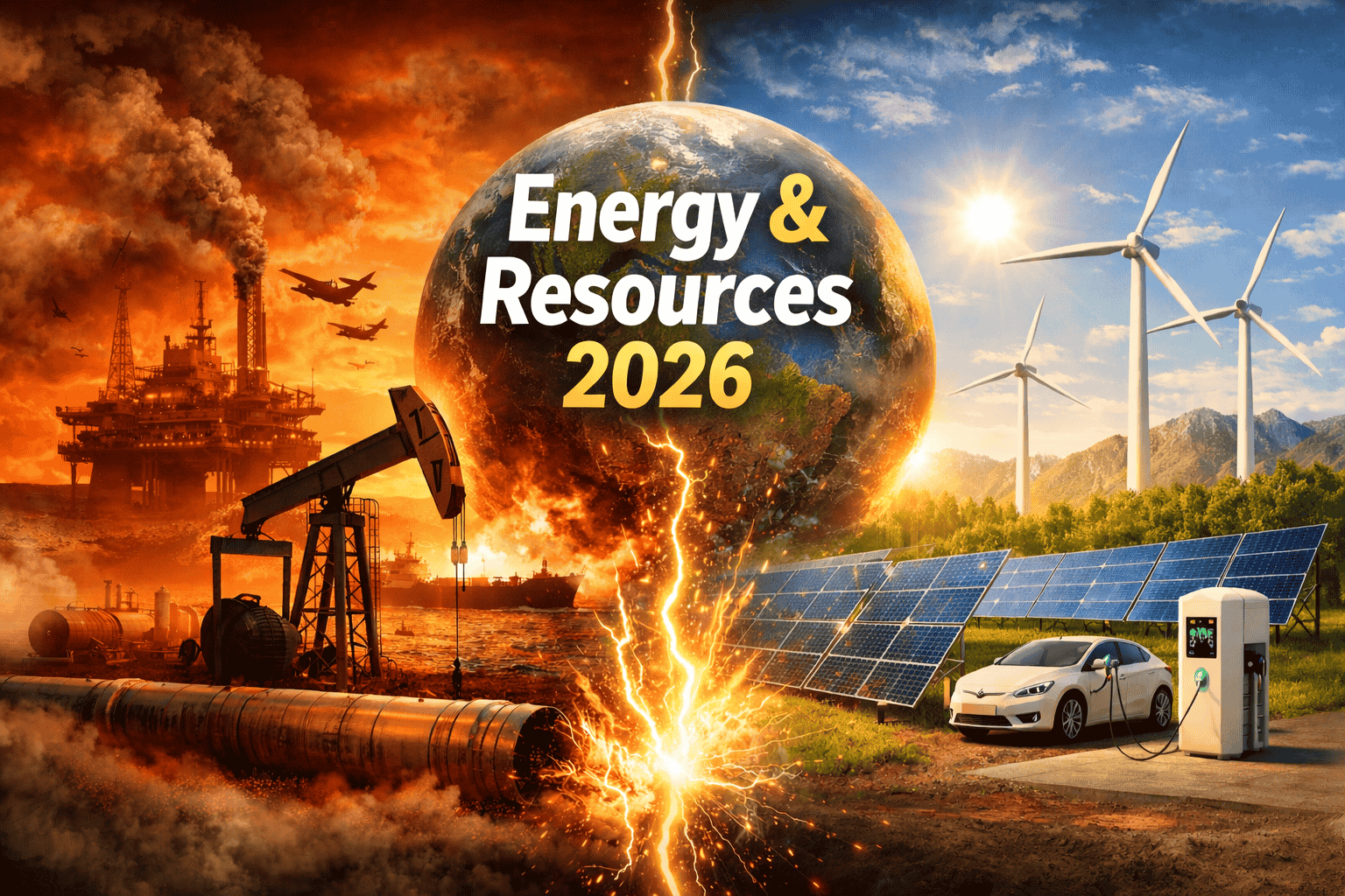 Energy and Resources 2026 concept showing oil crisis vs renewable energy transition with rigs, pipelines, solar panels, wind turbines, and EV charging station in a split scene