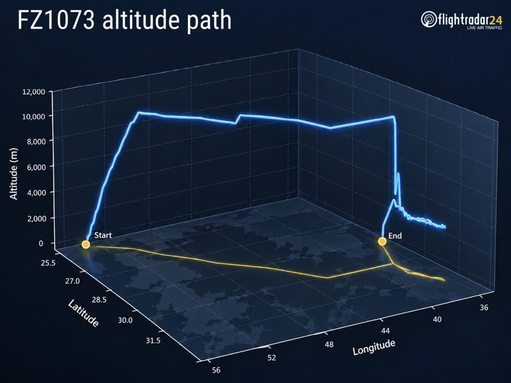 FlightRadar24 chart showing Flight FZ1073's sudden altitude drop over Saudi Arabia