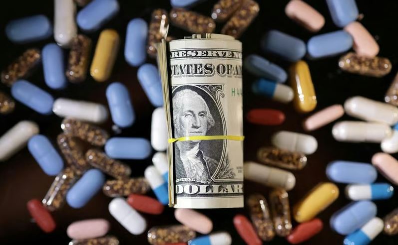 Big Pharma fraud case illustration with dollar bill and medicines showing drug pricing and healthcare costs