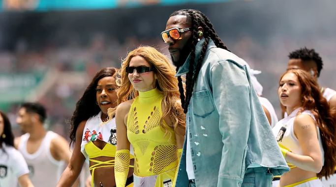 Shakira and Burna Boy performing at the FIFA World Cup 2026 opening ceremony in Mexico City Azteca Stadium.