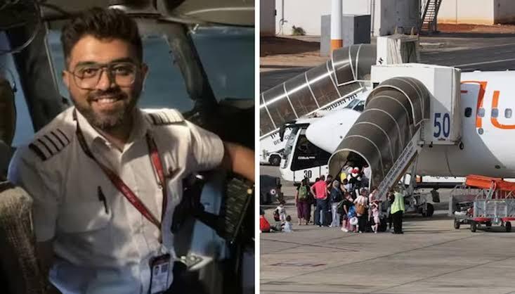 Captain Smit Machchhar smiling in the cockpit on the left; passengers, including children, disembarking down the stairs from a Flydubai plane on the right.