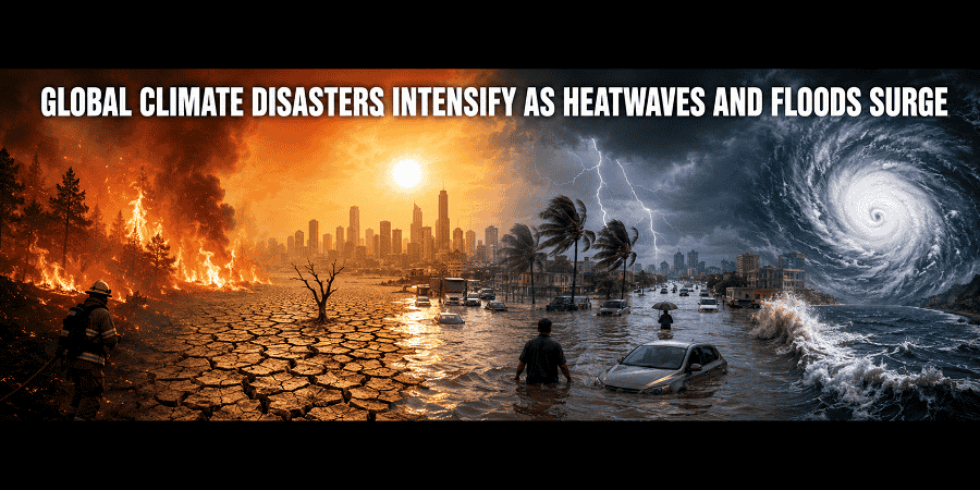Global climate disasters infographic showing heatwaves, wildfires, drought, floods, hurricanes, and extreme weather intensifying worldwide amid the climate crisis.