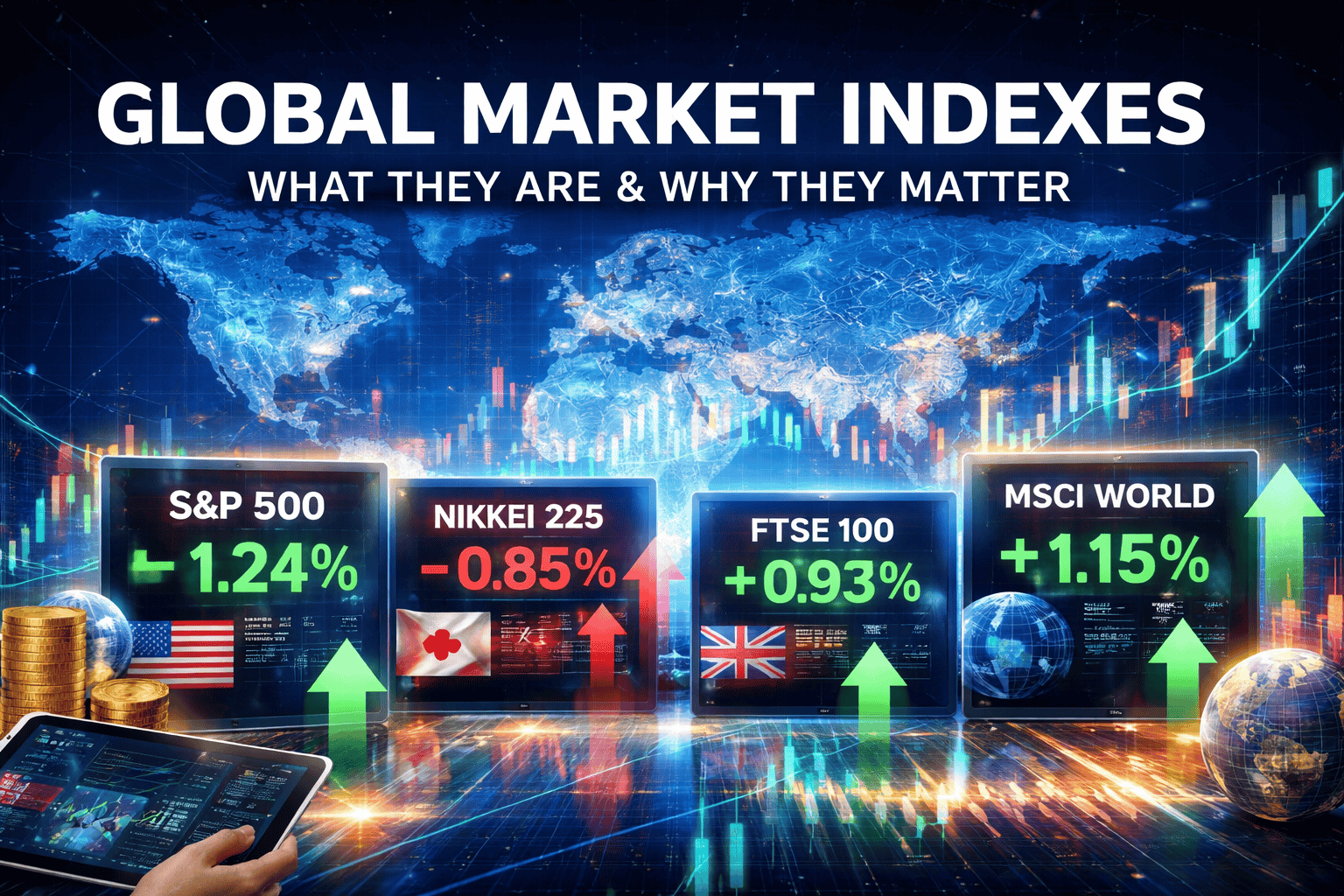Global market indexes dashboard showing S&P 500, Nikkei 225, FTSE 100, and MSCI World with live stock charts on a world map