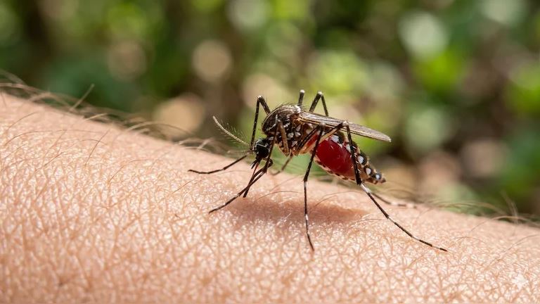 Close-up image of a mosquito feeding on human skin, related to Google-backed mosquito control research projects aimed at reducing disease transmission like dengue and malaria.