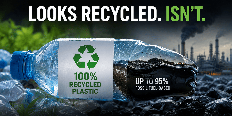 Editorial illustration showing a plastic bottle labeled “100% recycled plastic” cut open to reveal fossil-fuel-based material inside, highlighting plastic greenwashing and misleading recycling claims.