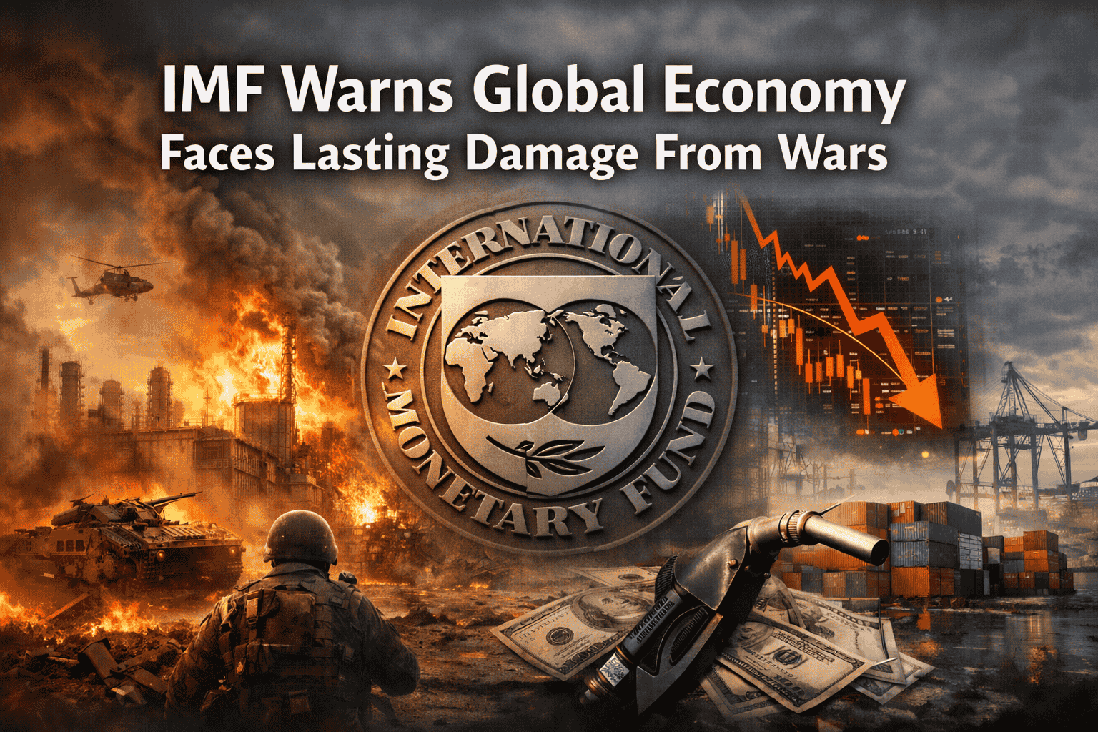 Realistic scene of war, market crash, and energy crisis illustrating IMF warning of lasting global economic damage