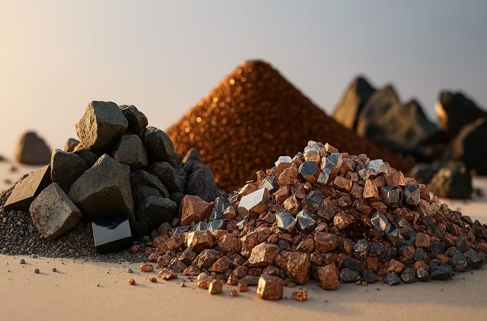 Piles of raw mineral ores and metallic rocks on sandy ground under warm sunlight.