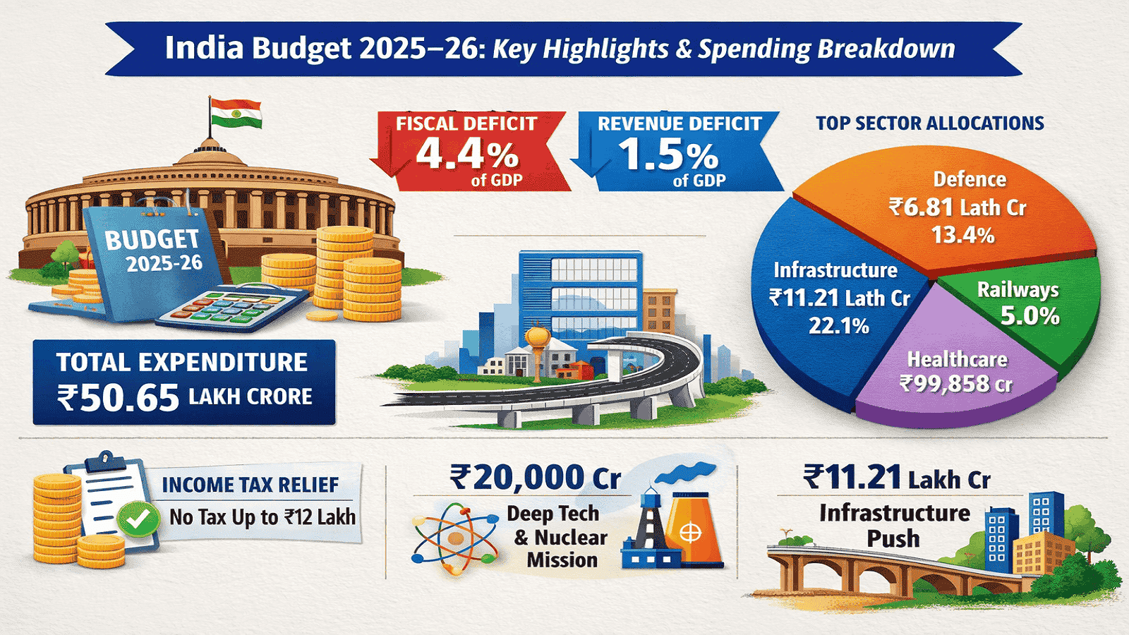 India Budget 2025–26 infographic showing spending breakdown, fiscal deficit, sector allocations, tax relief, and infrastructure investment highlights