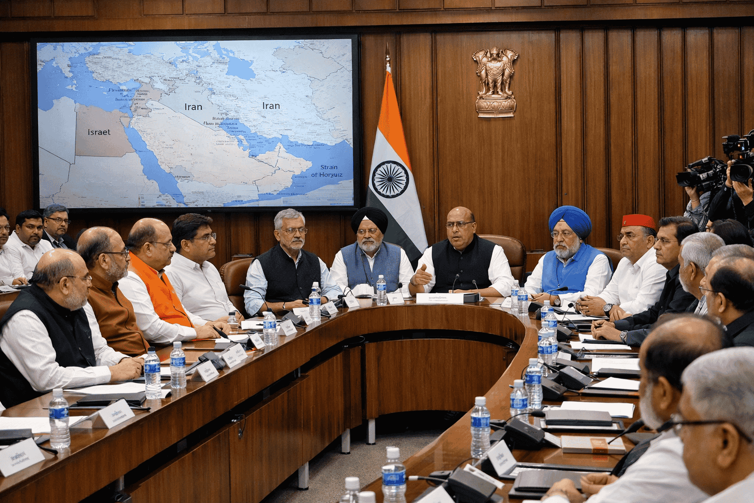 Indian government leaders attend all-party meeting on West Asia crisis in Parliament with regional map display and national flag in background