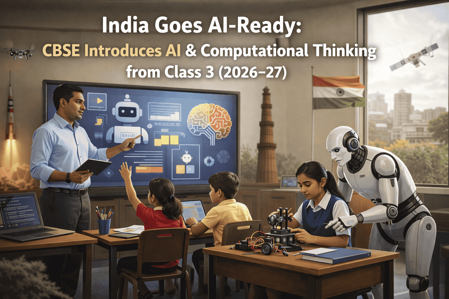 CBSE AI curriculum 2026 classroom with students learning computational thinking and artificial intelligence in India