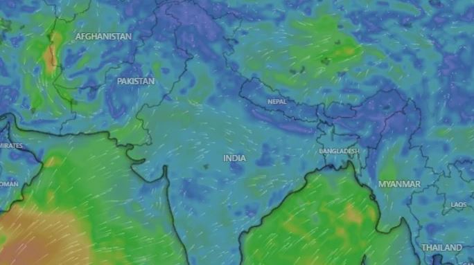 Weather map showing weak southwest monsoon winds over India and surrounding regions during the 2026 monsoon season