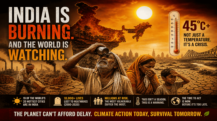 Scorching heatwave in India with cracked land, blazing sun, and people struggling in 45°C+ temperatures.