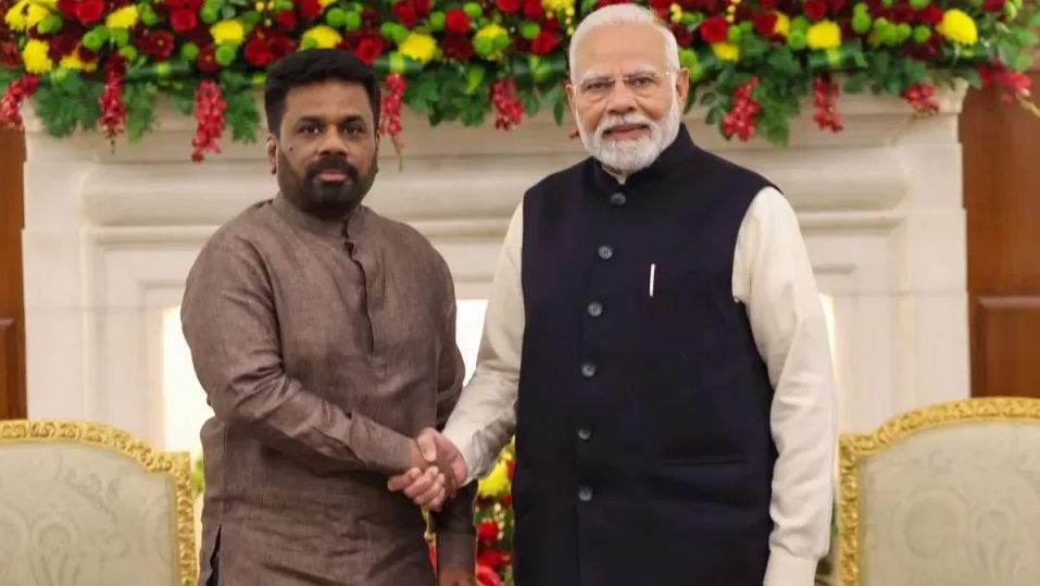 Narendra Modi and Sri Lankan President Anura Kumara Dissanayake in a visual overlay, symbolizing India–Sri Lanka cooperation during the fuel support initiative.