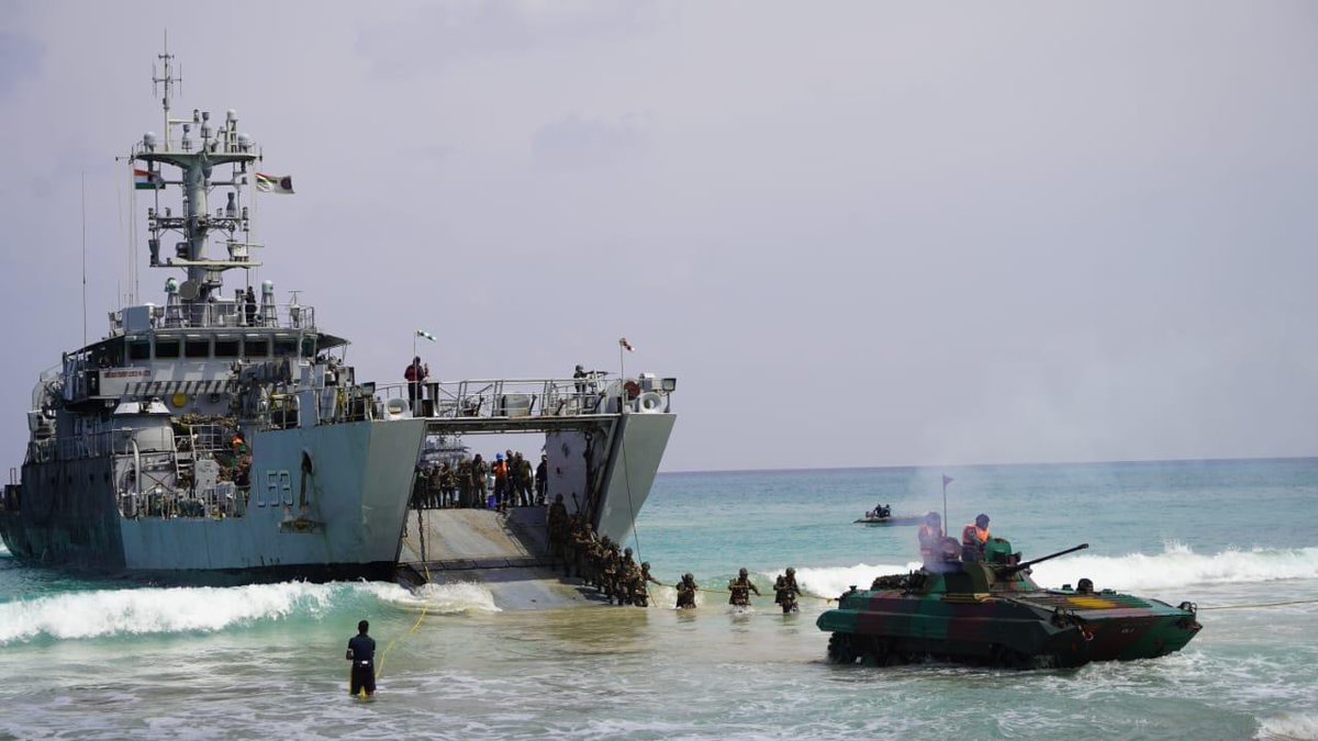 Indian Navy amphibious landing ship deploying troops and armored vehicle during Exercise Dweep Shakti 2026 beach assault operation
