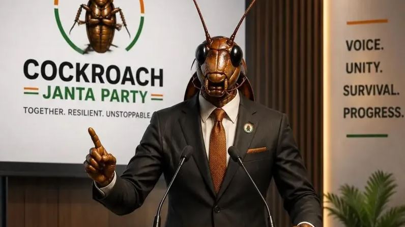 A satirical image of a cockroach-headed politician giving a speech at a fake “Cockroach Janta Party” event.