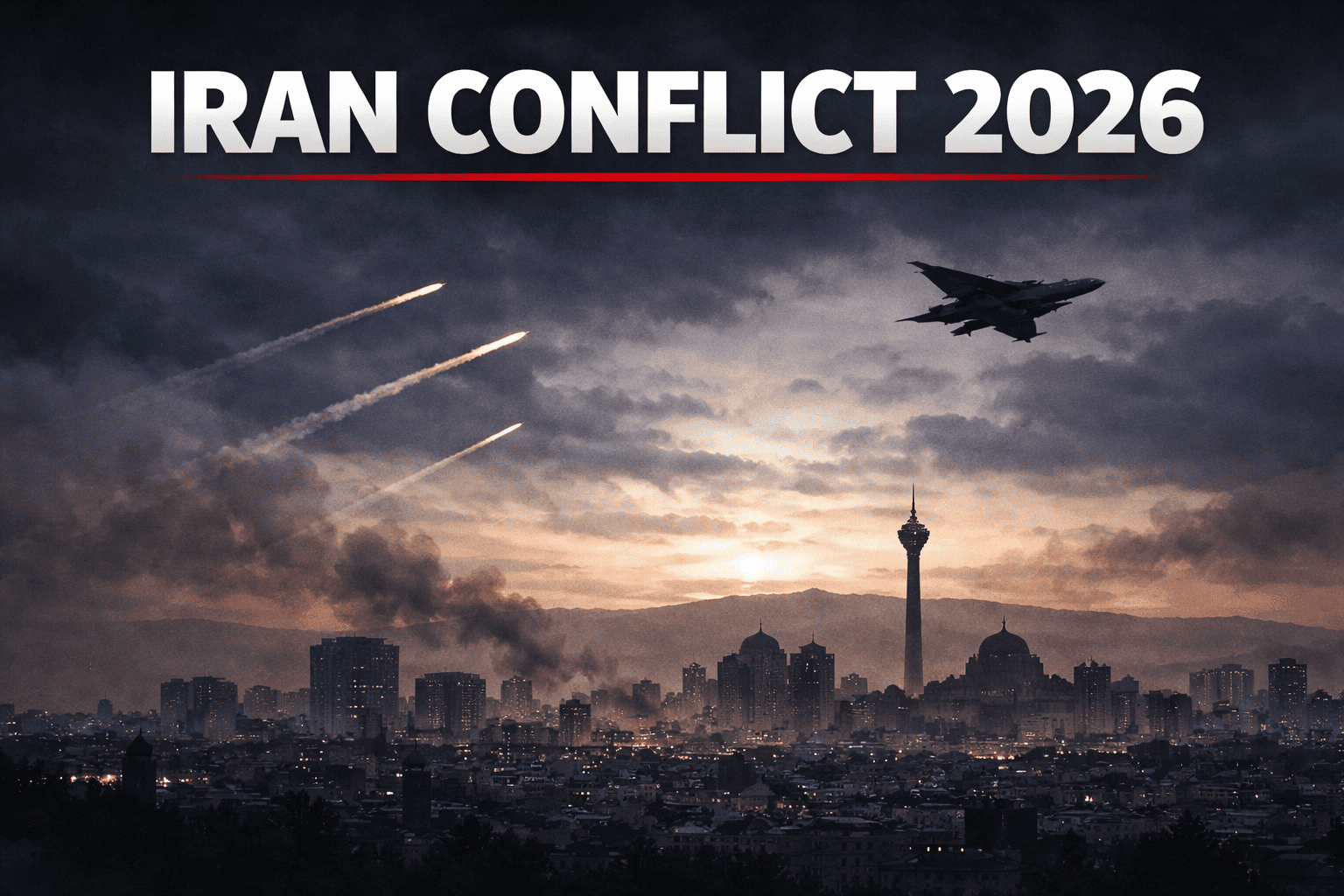 Minimalist news-style illustration of Iran Conflict 2026 showing a dark Tehran skyline, missile trails, and a fighter jet under a dramatic sky