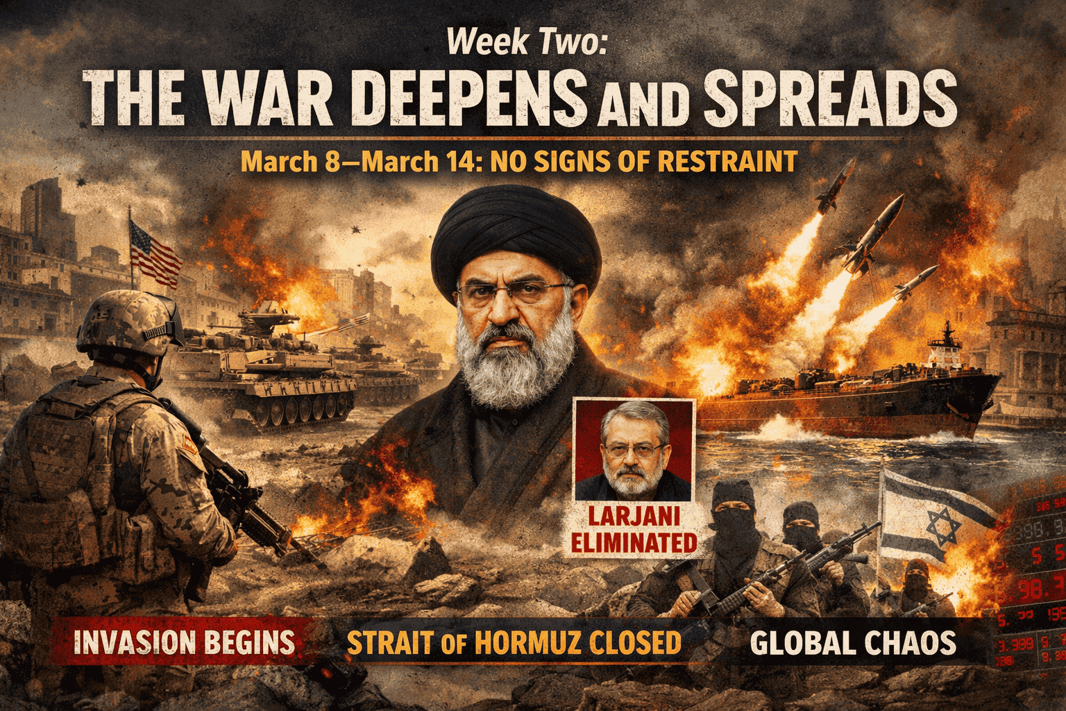 Iran war escalation scene with combat, missiles, oil tankers, and leaders amid rising global tensions.