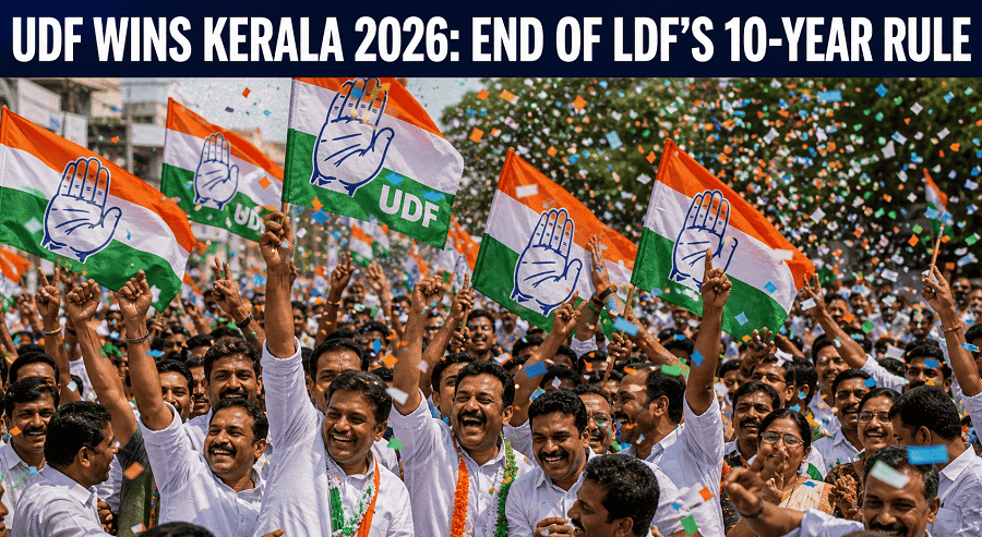 UDF supporters celebrating with flags and confetti under a bold headline announcing a sweeping Kerala 2026 election victory.