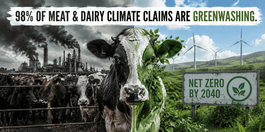 Split-image illustration of cattle farming and industrial emissions alongside green sustainability branding, highlighting greenwashing in meat and dairy climate claims.