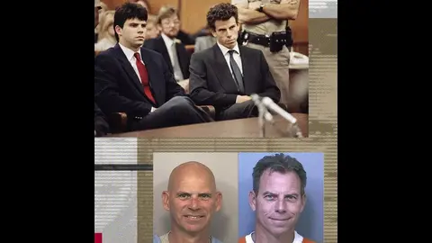 Lyle and Erik Menendez in court in 1990, shown alongside recent prison photos decades later