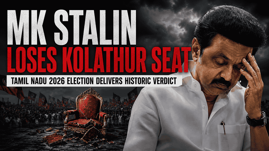 M.K. Stalin appears distressed beside a broken throne, symbolizing his Kolathur defeat in the 2026 Tamil Nadu election.