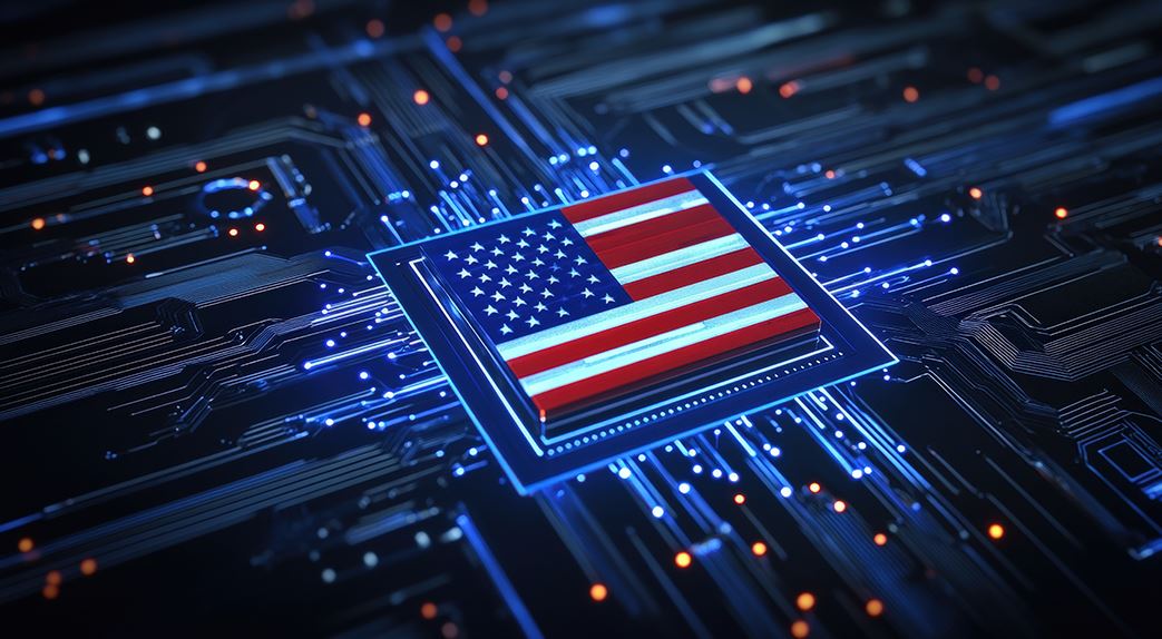 Digital illustration of a U.S. flag on a computer chip, symbolizing American technology and semiconductor policy.