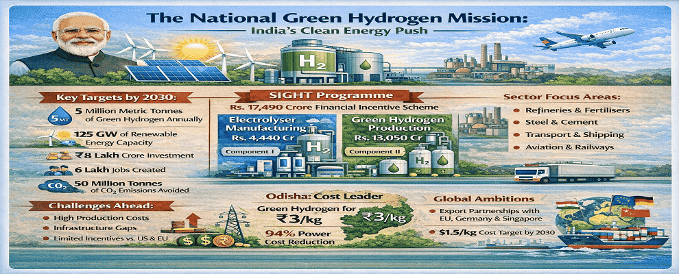 Horizontal infographic on India’s National Green Hydrogen Mission showing 2030 targets, SIGHT scheme, sector use, cost leadership, and global ambitions.