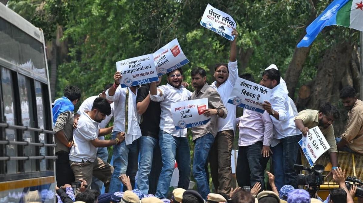 Students protest after NEET UG 2026 cancellation over paper leak allegations in India