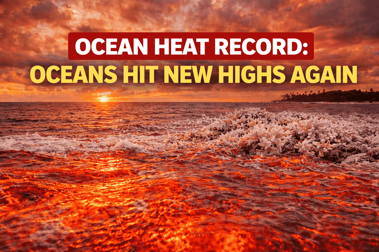 Ocean heat record image showing rising sea temperatures, glowing red ocean surface, and coral reef impacted by climate change
