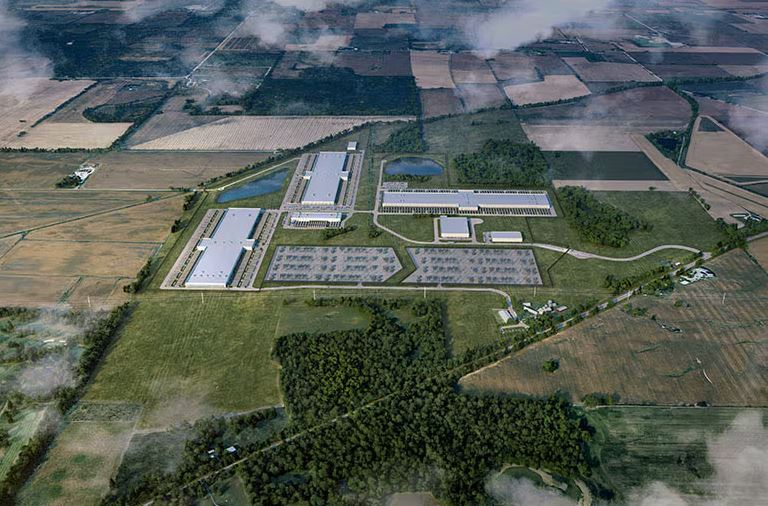Aerial view of Oracle’s large-scale AI data center campus under development in Michigan surrounded by farmland