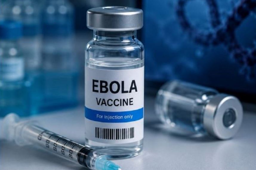 Vial labeled "Ebola Vaccine" with syringe, representing Oxford's Phase I human trial of a Bundibugyo Ebola vaccine.