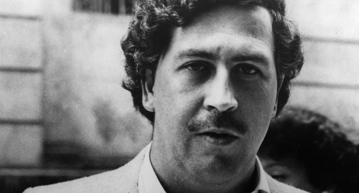 Black-and-white portrait of Pablo Escobar, the Colombian drug lord and leader of the Medellín Cartel.