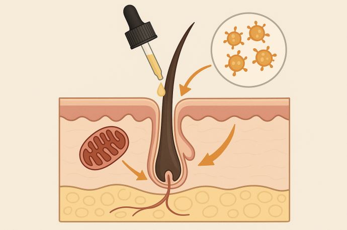 Scientific diagram of PP405 hair loss treatment reactivating dormant hair follicle stem cells to promote hair regrowth.