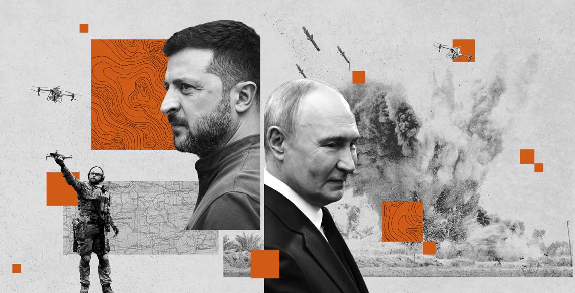 Russia-Ukraine War After 4 Years infographic featuring Volodymyr Zelenskyy and Vladimir Putin with drones, explosions, and key conflict themes from 2022–2026.