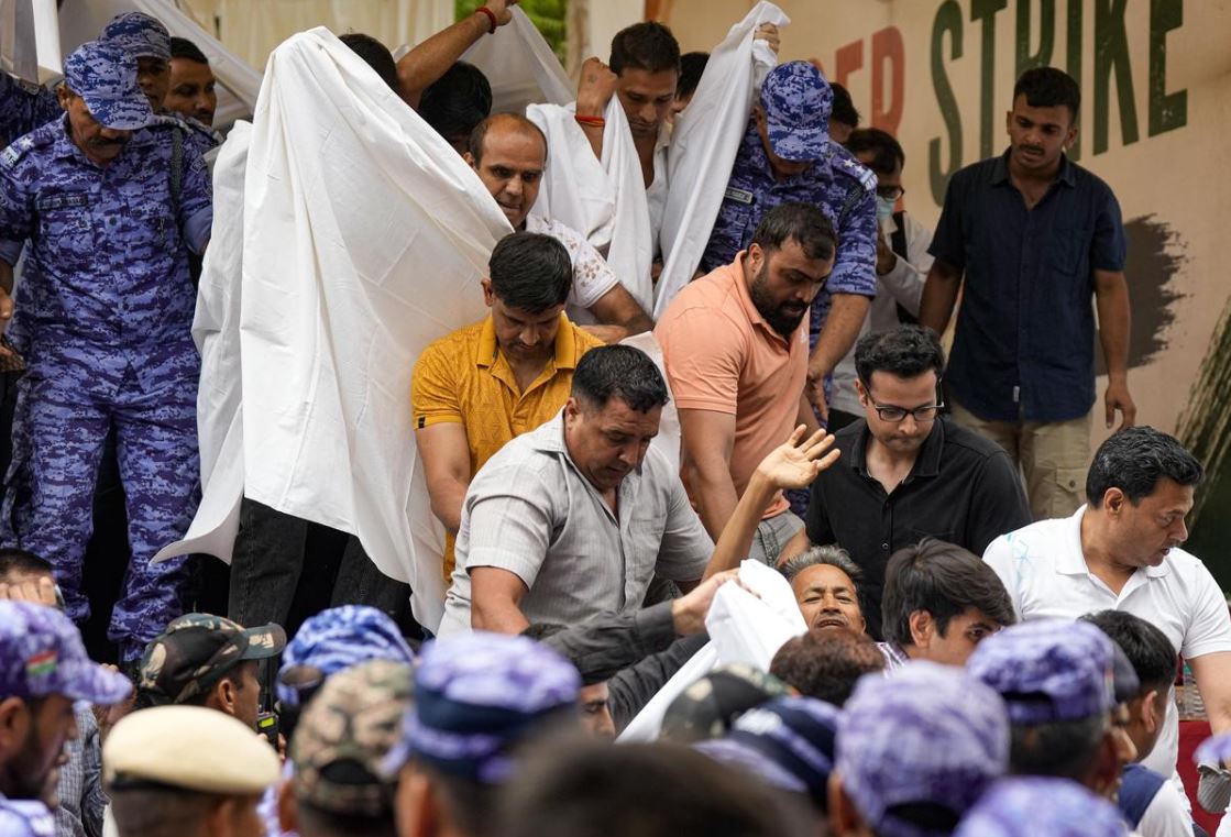 Sonam Wangchuk being carried by police and supporters from Jantar Mantar after his 21-day hunger strike in Delhi.