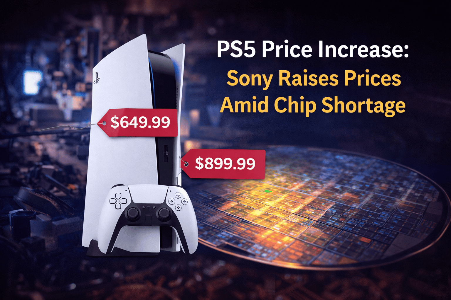 Sony PlayStation 5 console with price increase tags alongside a semiconductor chip wafer highlighting rising costs due to global chip shortage