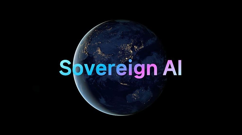 Sovereign AI concept image showing Earth at night with glowing “Sovereign AI” text representing the global race for independent national AI systems and digital sovereignty.